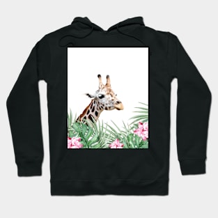 Giraffe, Tropical leaves and flowers, Animal, Nursery, Trendy decor, Interior Art Print Hoodie